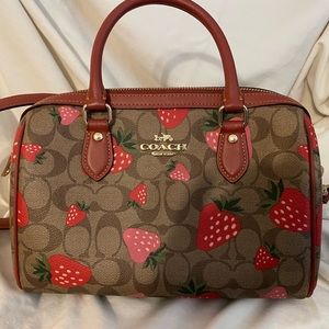 Coach Rowan Satchel in signature canvas with wild strawberry print